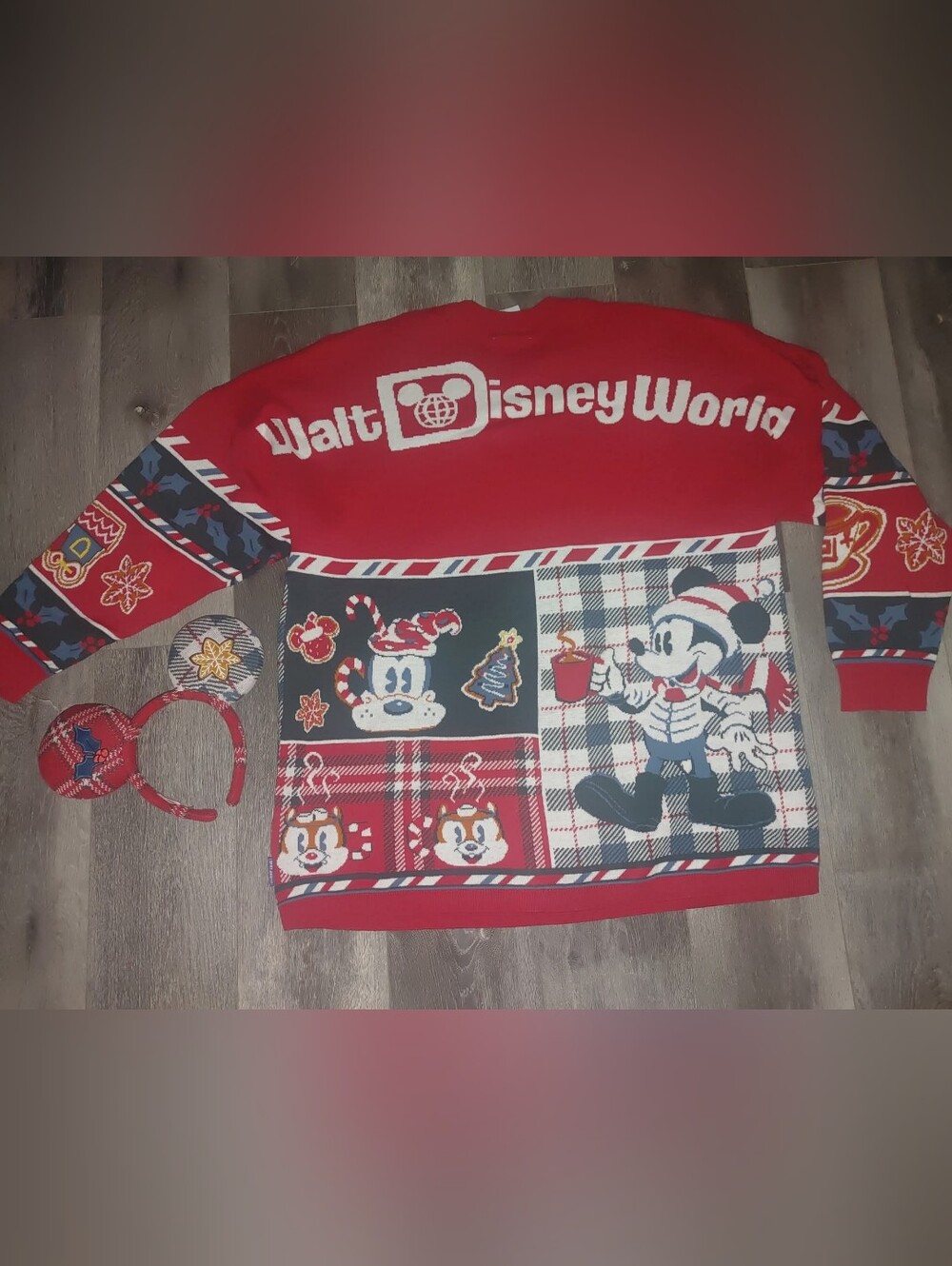 Walt Disney World Red Holiday Sweater & Headband with Mickey & Friends